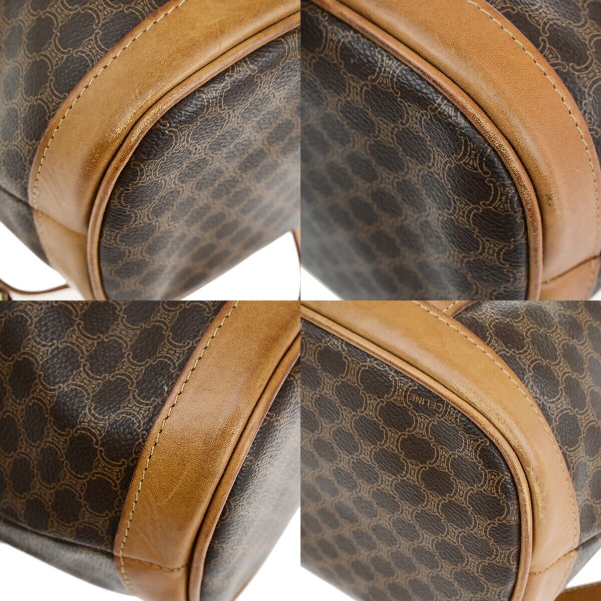 CELINE Logo Macadam Pattern Drawstring Shoulder Bag PVC Leather Brown 69HB986