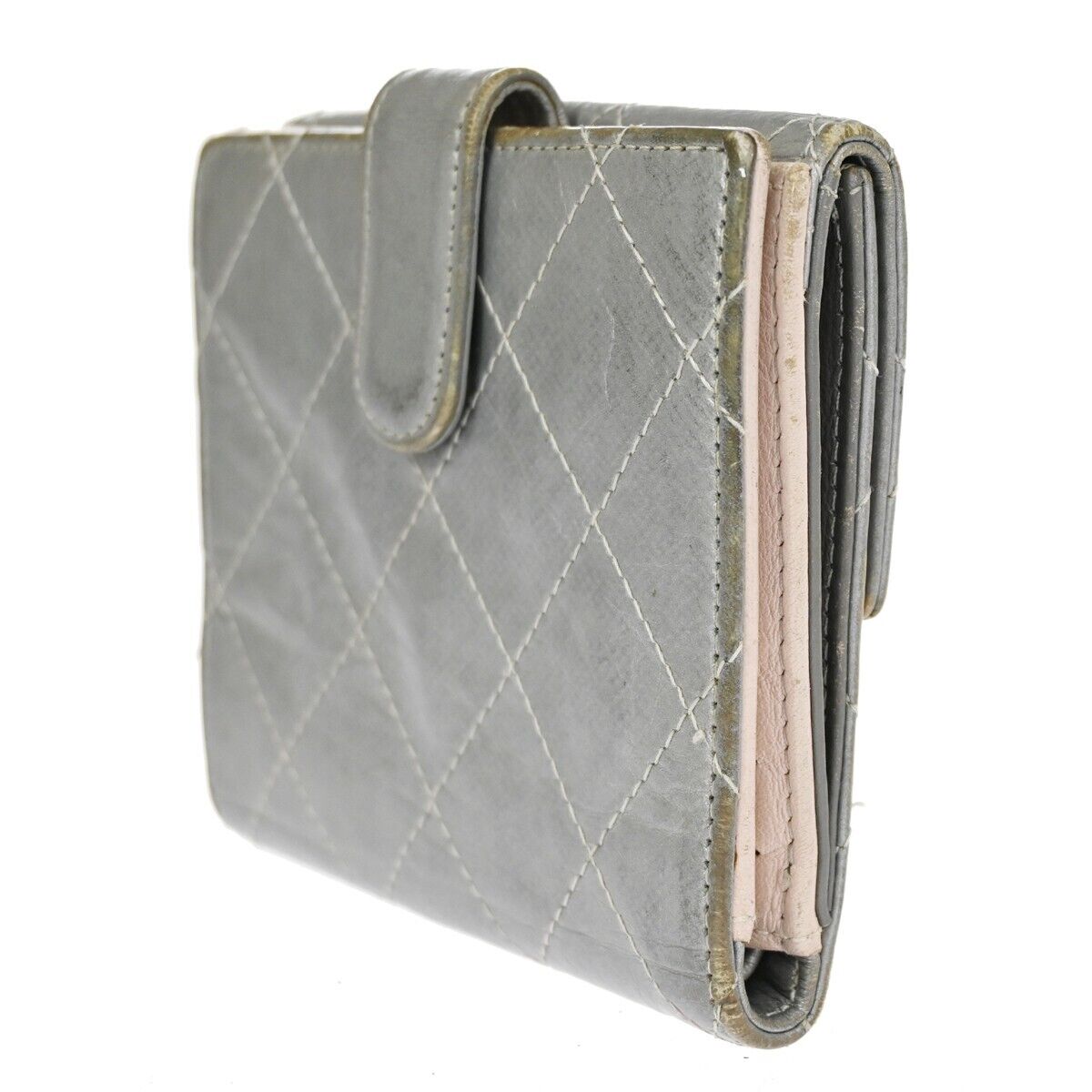 CHANEL CC Logo Matelasse Bifold Wallet Purse Leather Silver SHW Italy  04HB384