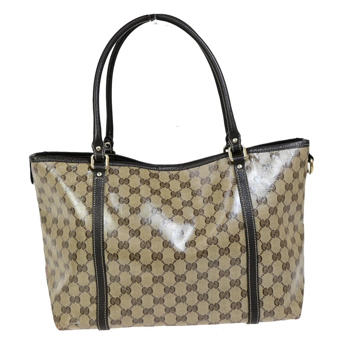 GUCCI GG Canvas Crystal Tote Shoulder Bag Coating Leather Brown Italy 34FB073