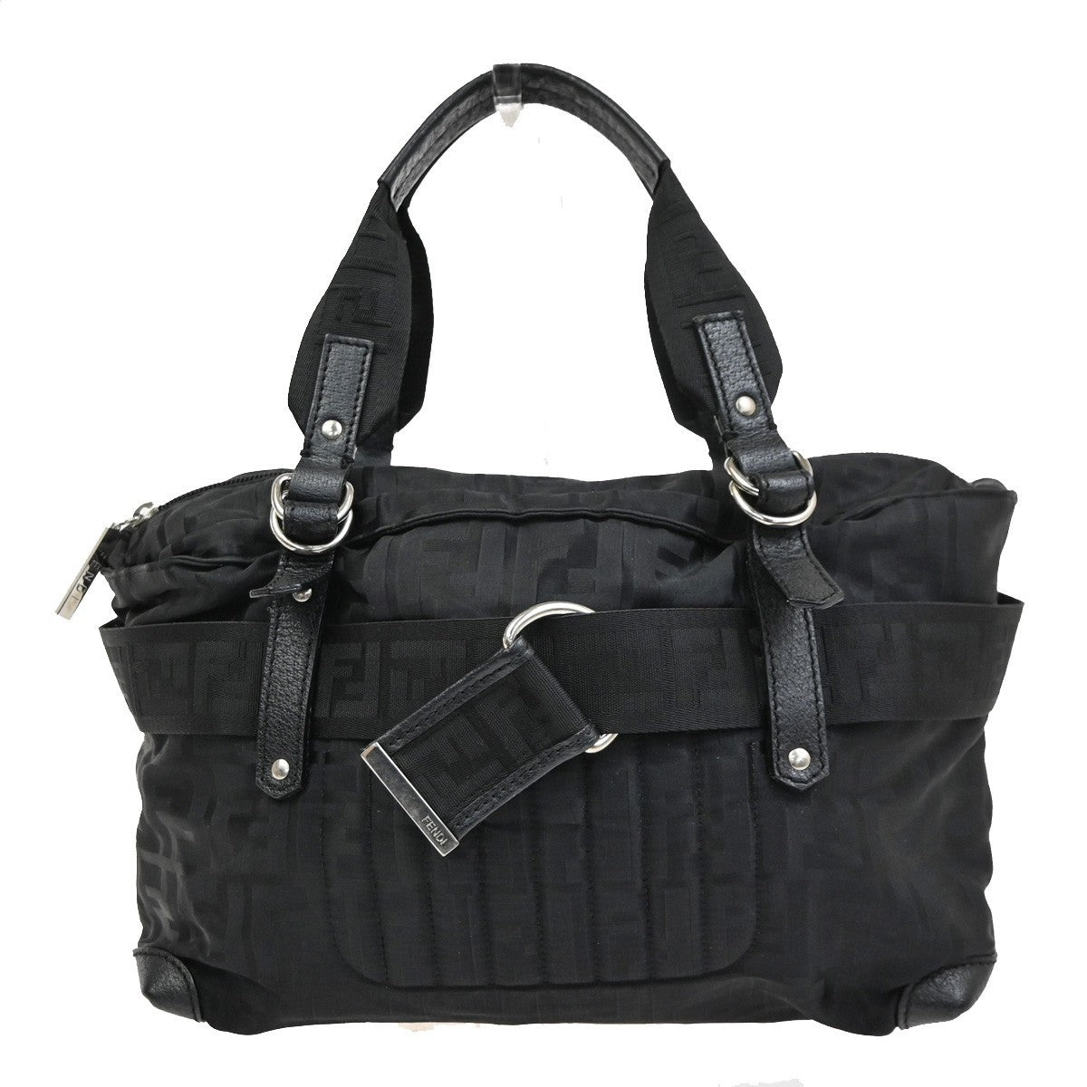 FENDI Logo Zucca Pattern Hand Bag Canvas Leather Brown Black SHW 87CA961