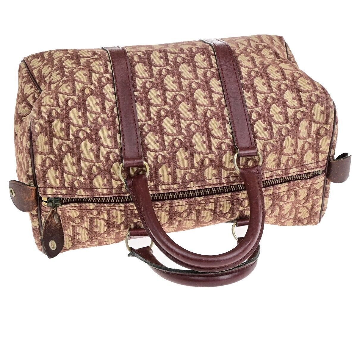 CHRISTIAN DIOR Logo Trotter Pattern Hand Bag Canvas Leather Bordeaux GHW 31EB476
