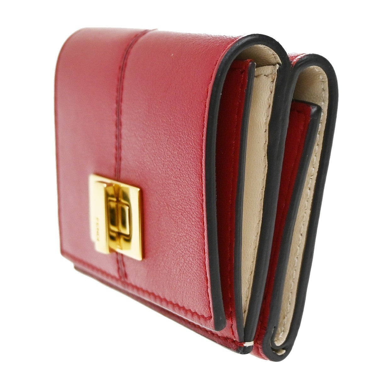 FENDI Logo Peekaboo Compact Trifold Wallet Purse Leather Red GHW Italy 30KB578