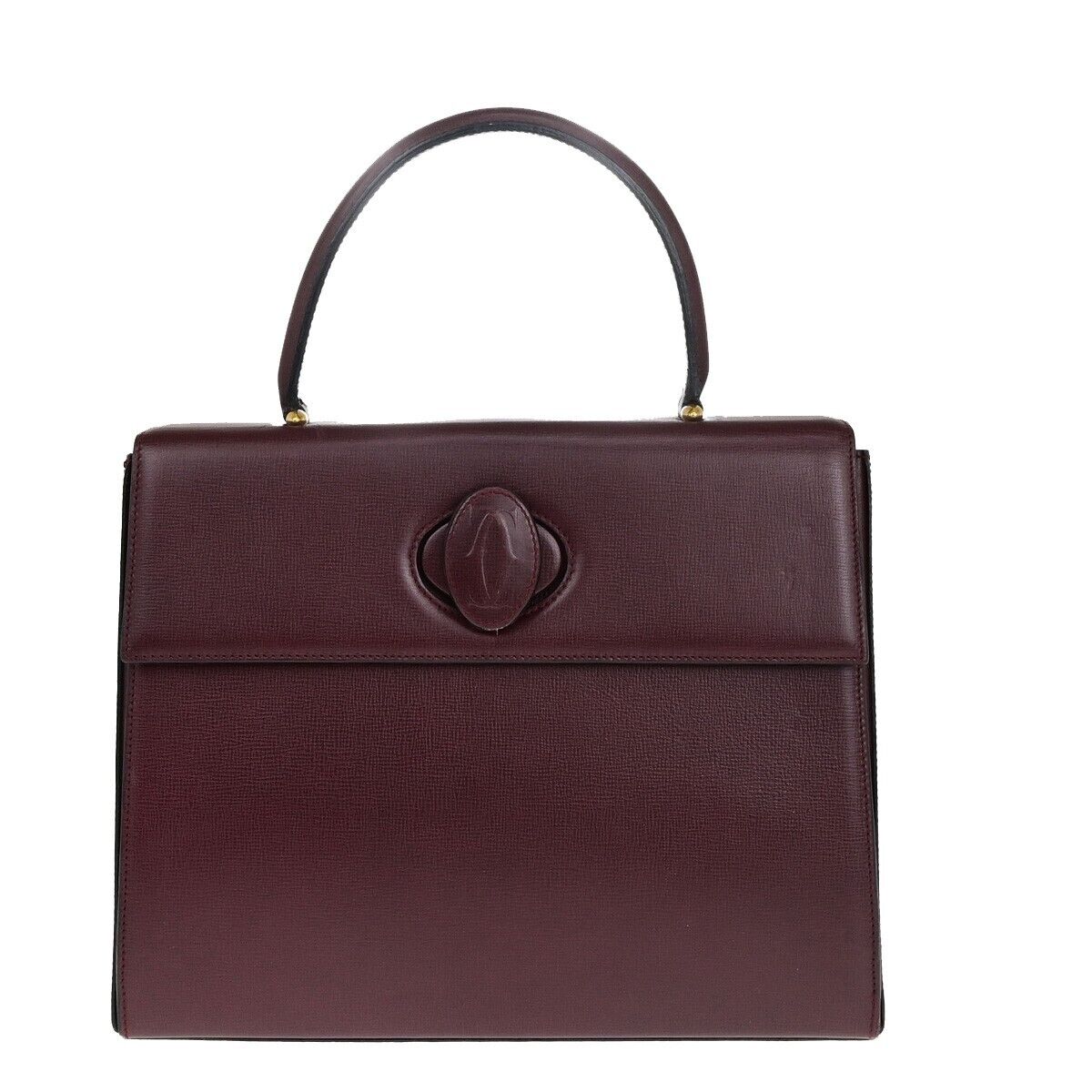 CARTIER 2C Logos Hand Bag Leather Bordeaux Gold-Plated Made In Spain 78EC825