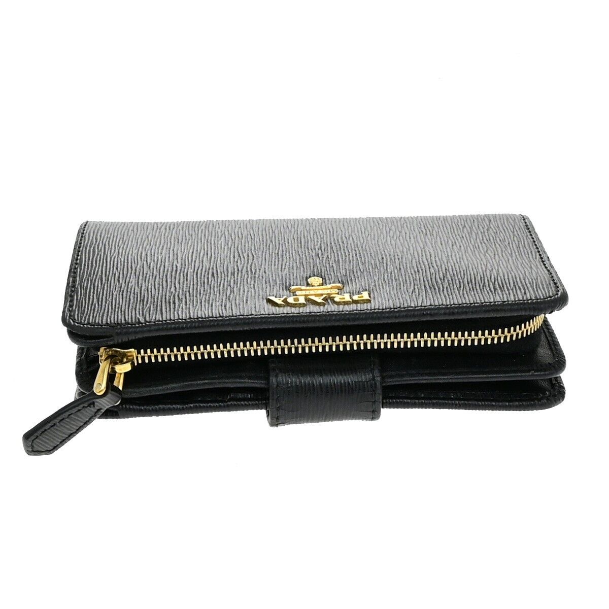 PRADA Logo Bifold Wallet Purse Leather Black Gold GHW Italy 60YG988