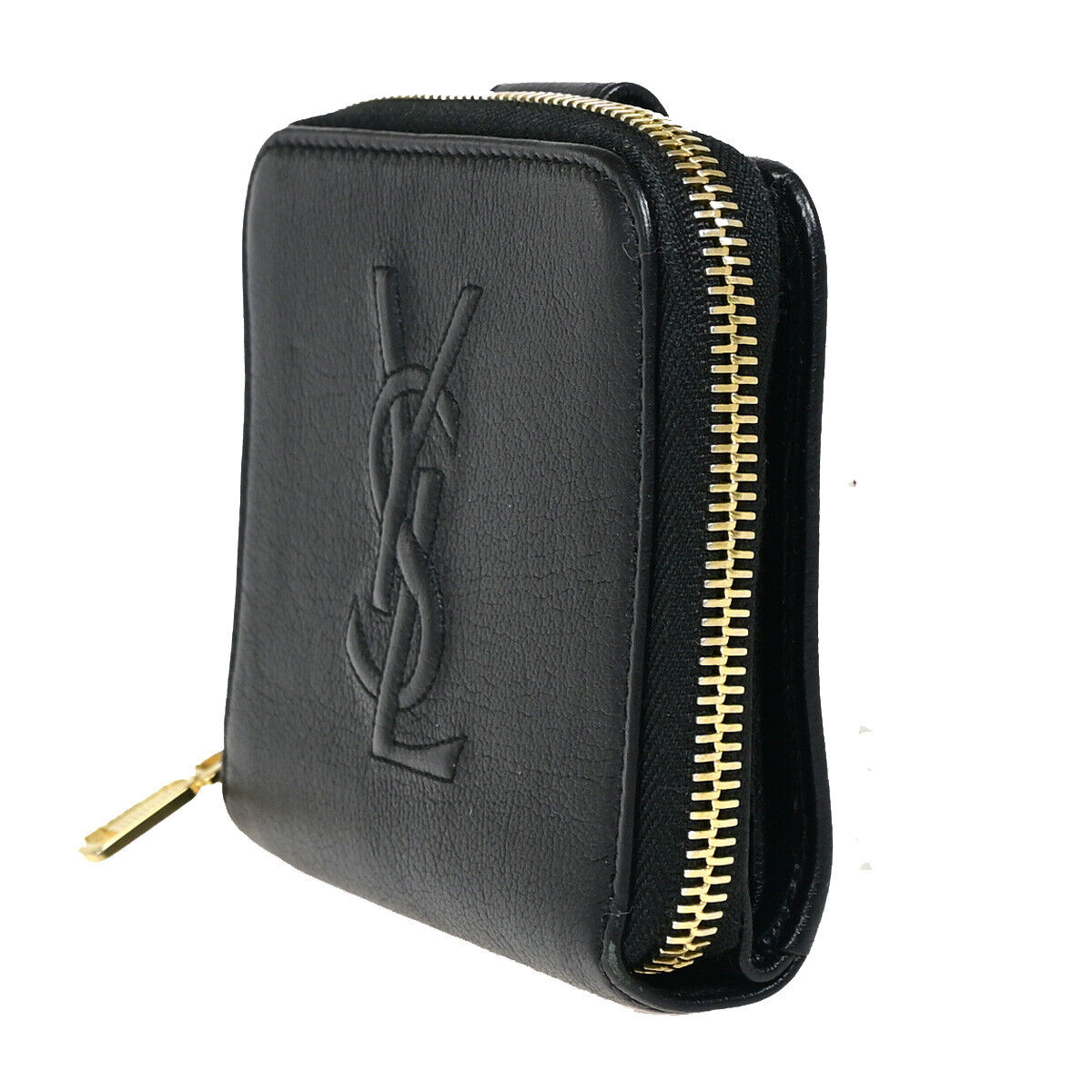 YVES SAINT LAURENT YSL Zipper Around Bifold Wallet Purse Leather Black 31YE696