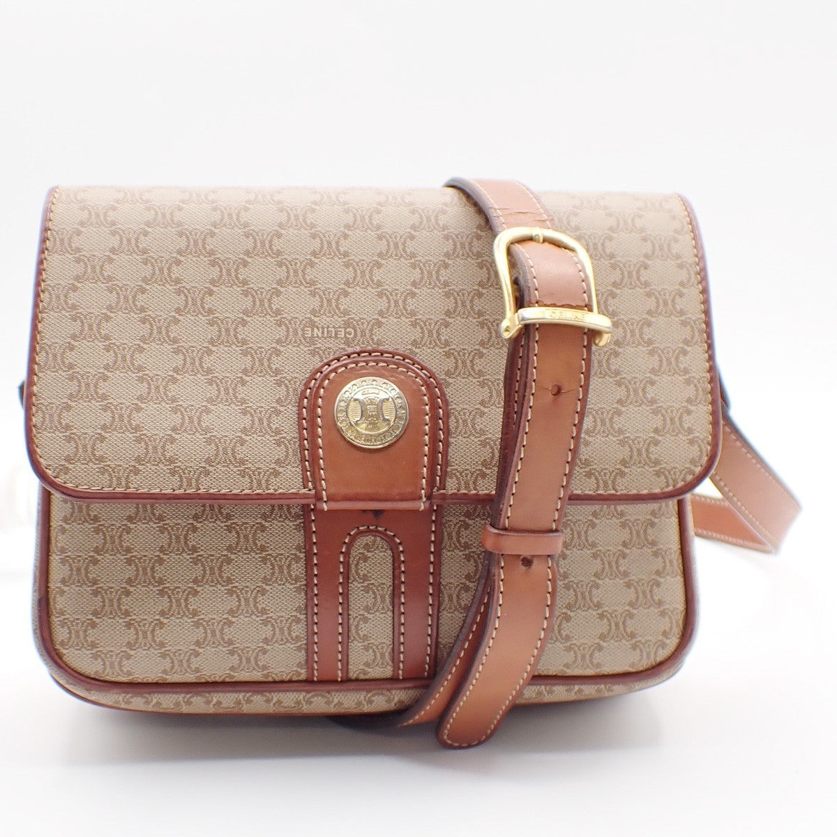 CELINE Logo Macadam Pattern Shoulder Bag PVC Leather Beige Italy 65KC571