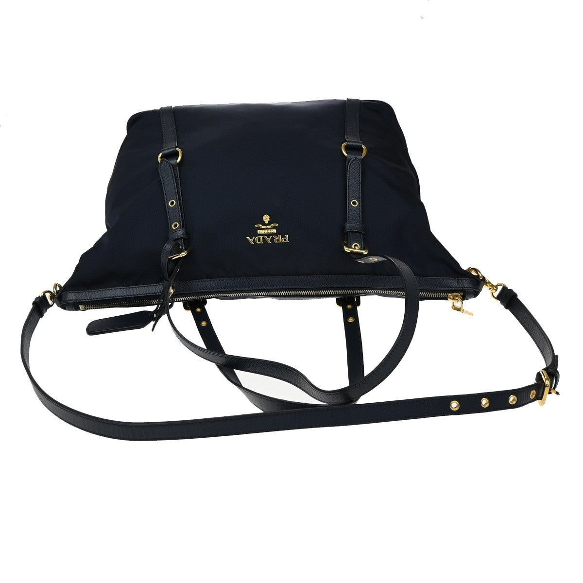 PRADA Logo 2Way Shoulder Hand Bag Nylon Leather Navy Blue GHW 1BG253 79KB502