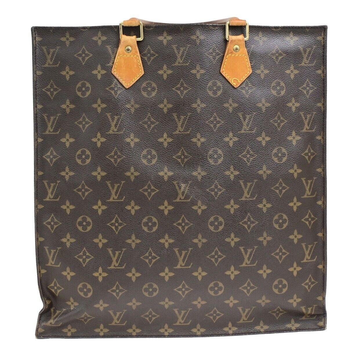 LOUIS VUITTON Logo Sac Plat Hand Tote Bag Monogram Leather Brown M51140 65ED899