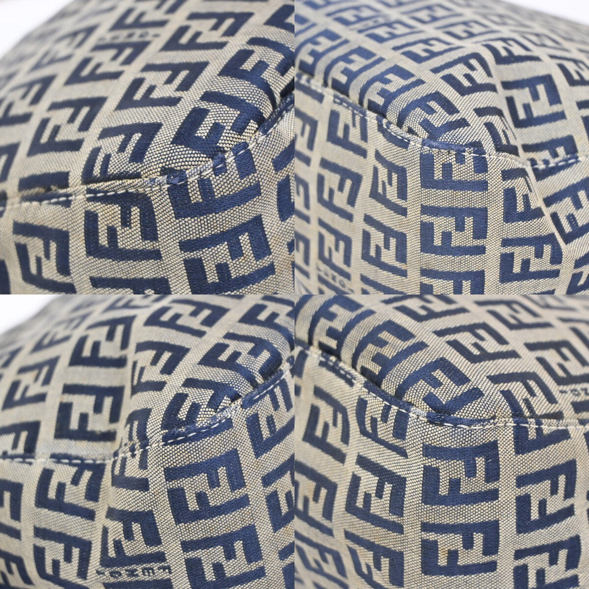 FENDI Logo Zucchino Pattern Shoulder Bag Canvas Leather Navy Blue Silver 70EE283