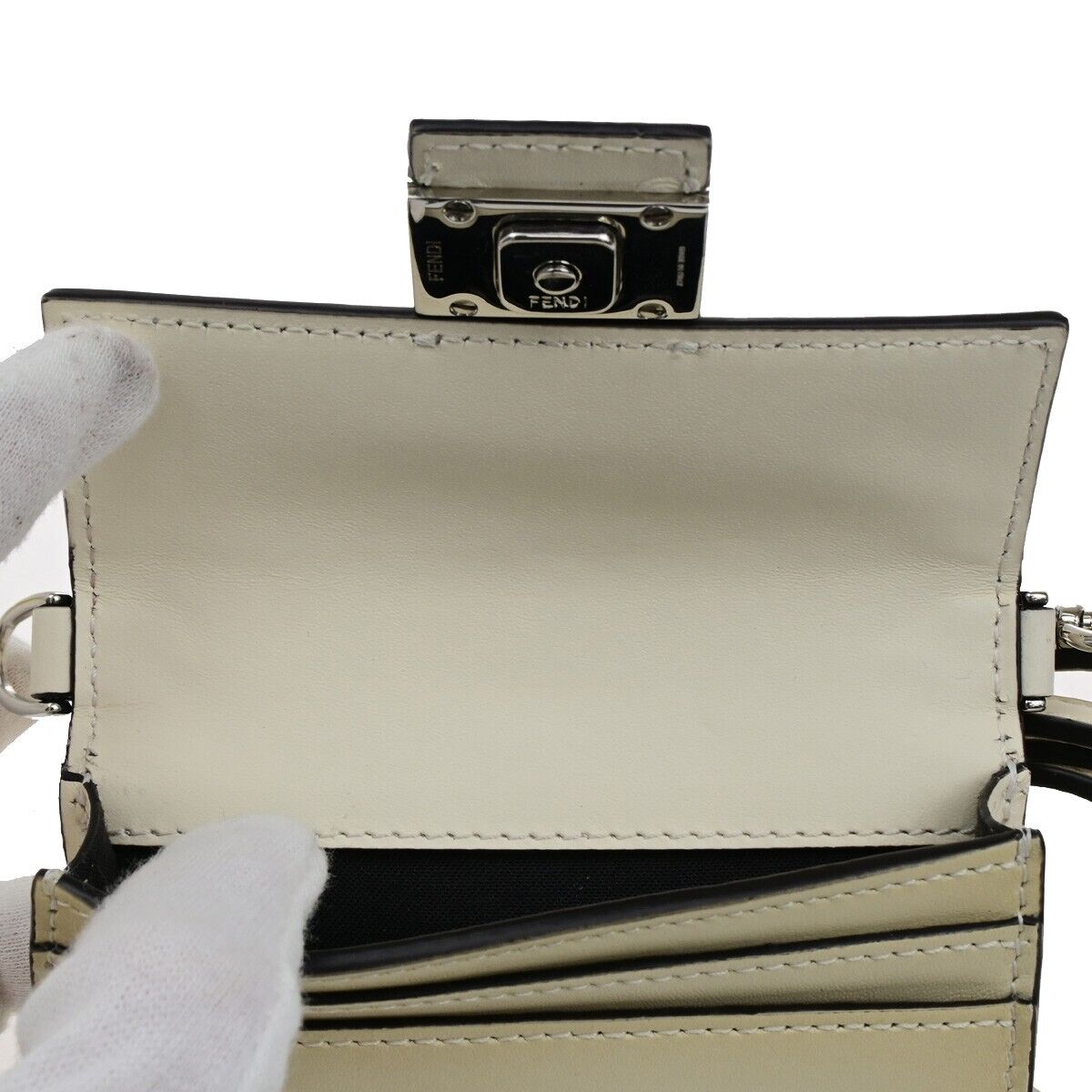 FENDI Logo Mini Flat Baguette Shoulder Bag Wallet Leather White 7M0311 89ED465