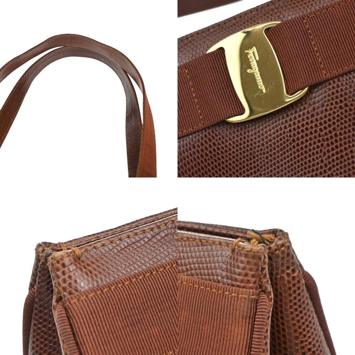 SALVATORE FERRAGAMO Logo Vara Hand Bag Embossing Leather Brown Gold 63EG040