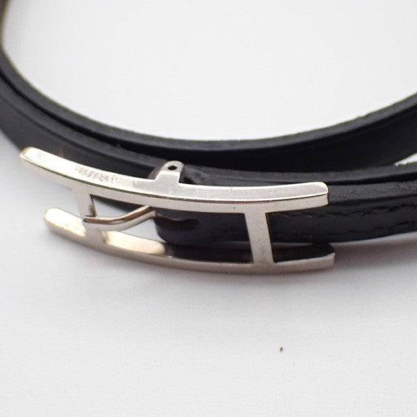 HERMES Api 3 Triple Tour Long Bracelet SHW Leather Sliver Black 64RL493