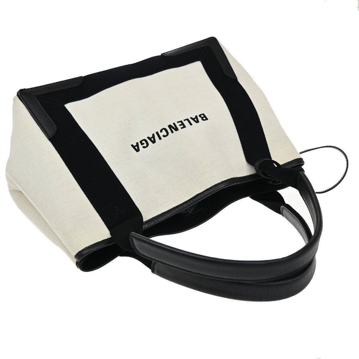 BALENCIAGA Logo Navy Cabas S Hand Tote Bag Canvas Leather Black White 34EF266