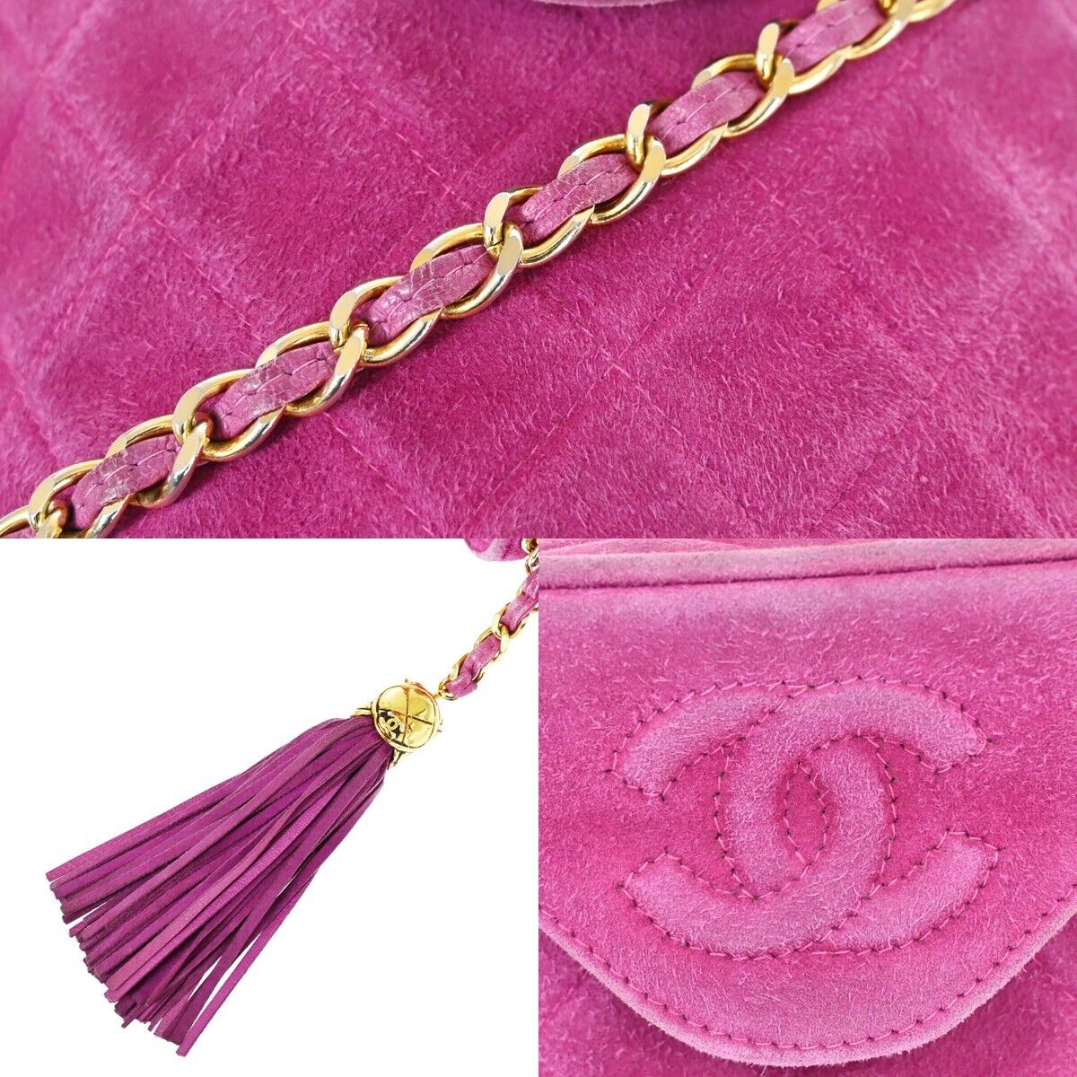 CHANEL CC Logo Fringe Shoulder Vanity Bag Suede Leather Purple Vintage 638HB349