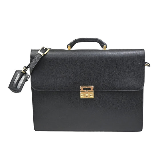 SALVATORE FERRAGAMO Logo 2way Brifecase Hand Bag Leather Black GHW Italy 63ZA157