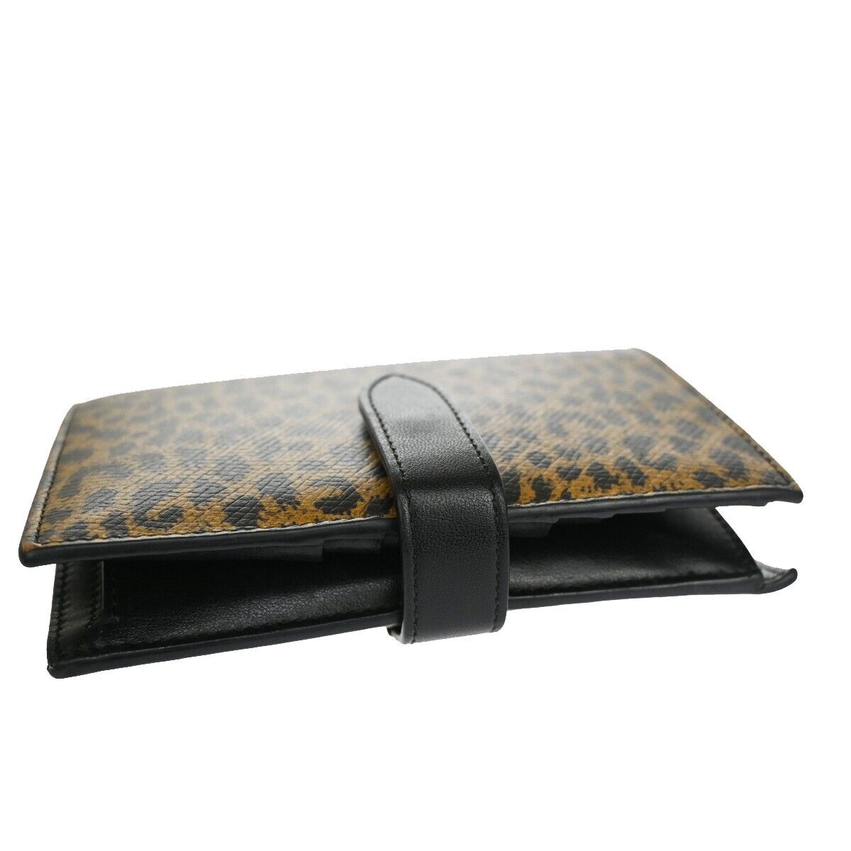 CELINE Logo Leopard Bifold Wallet Purse Leather Brown Black 34RH487