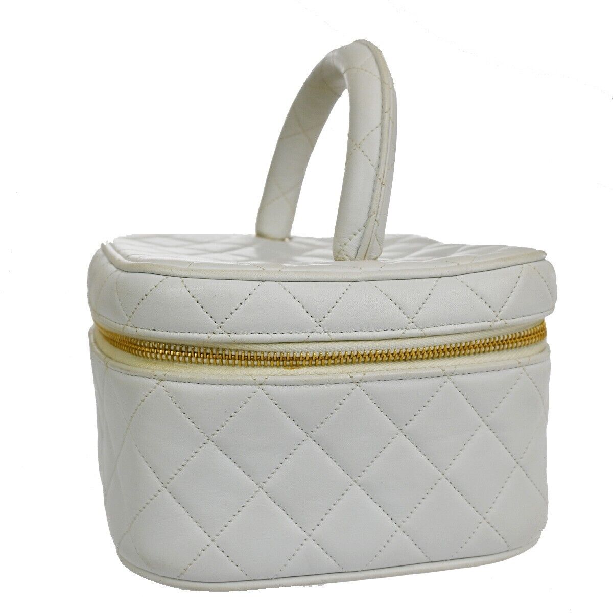 CHANEL Logo Matelasse Vanity Hand Bag Leather White GHW France Vintage 96RH435
