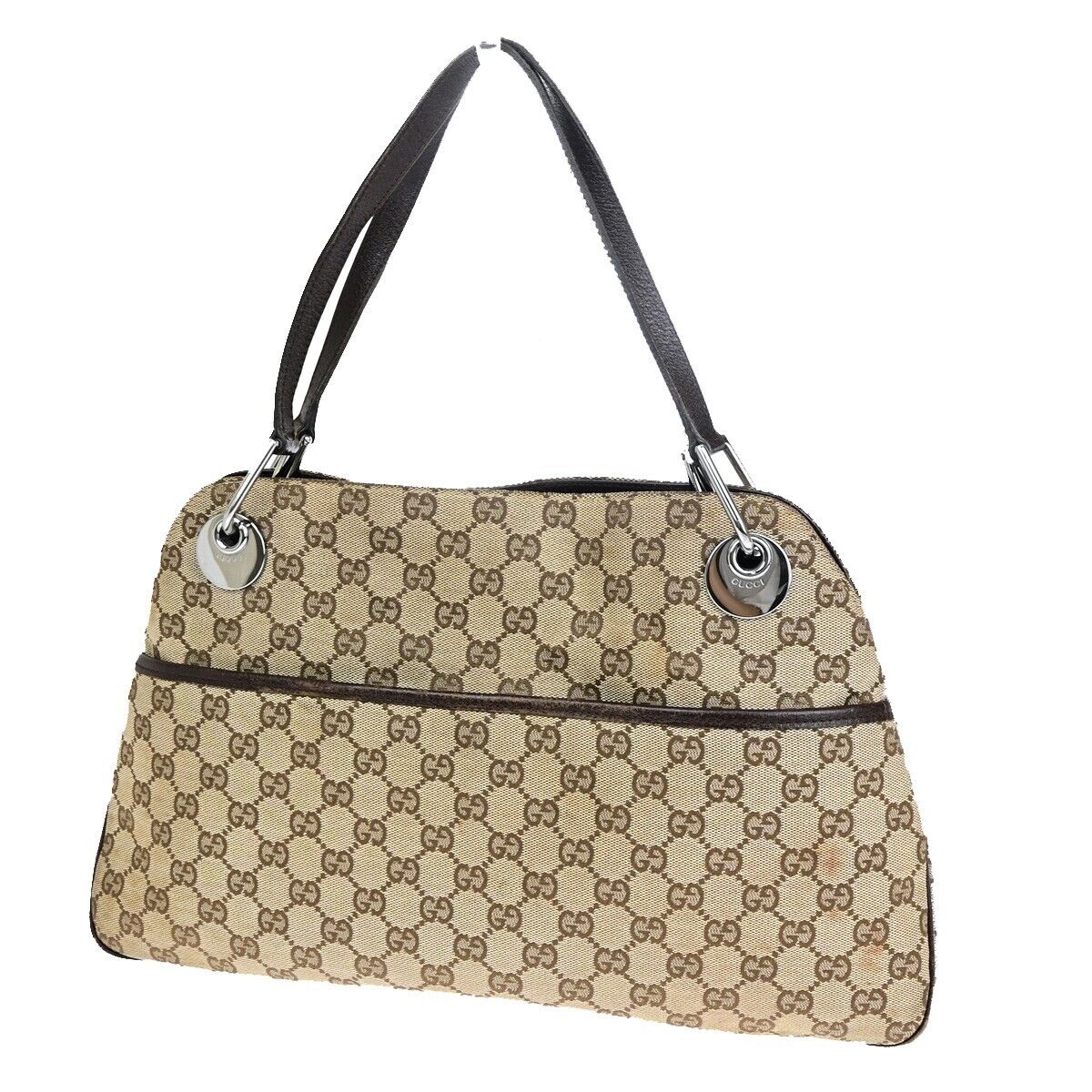 GUCCI Logo GG Pattern Shoulder Tote Bag Canvas Leather Brown GHW Italy 02EC081