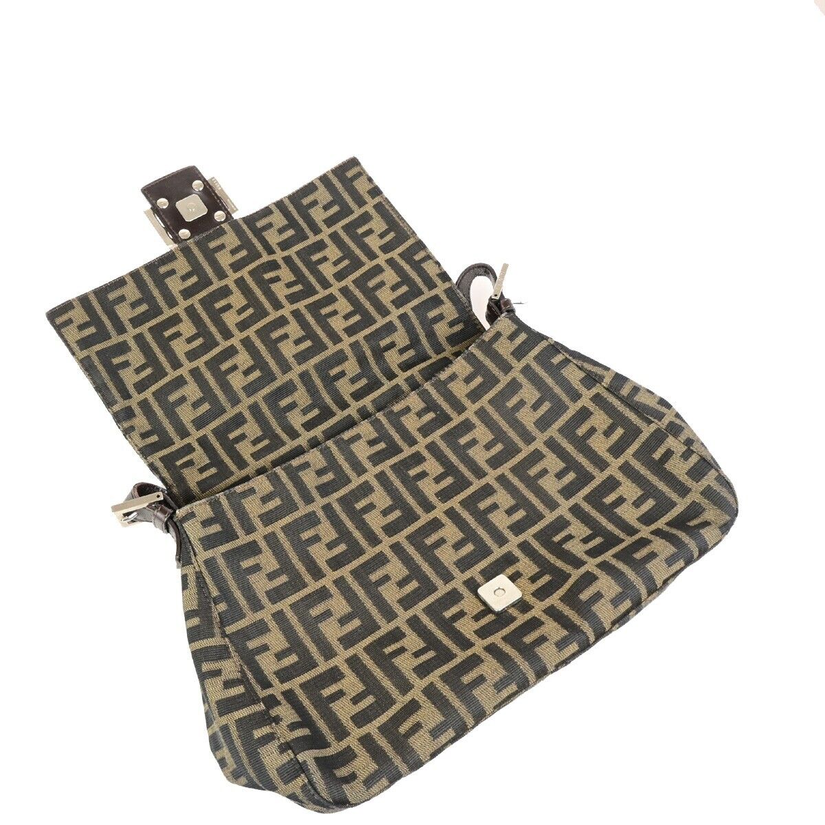 FENDI Logo Mamma Zucca Pattern Shoulder Bag Canvas Leather Brown SHW 74FB302