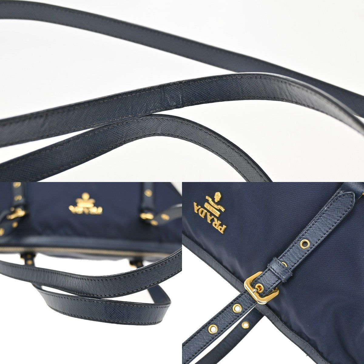 PRADA Logo 2Way Shoulder Hand Bag Nylon Leather Navy Blue GHW 1BG253 79KB502
