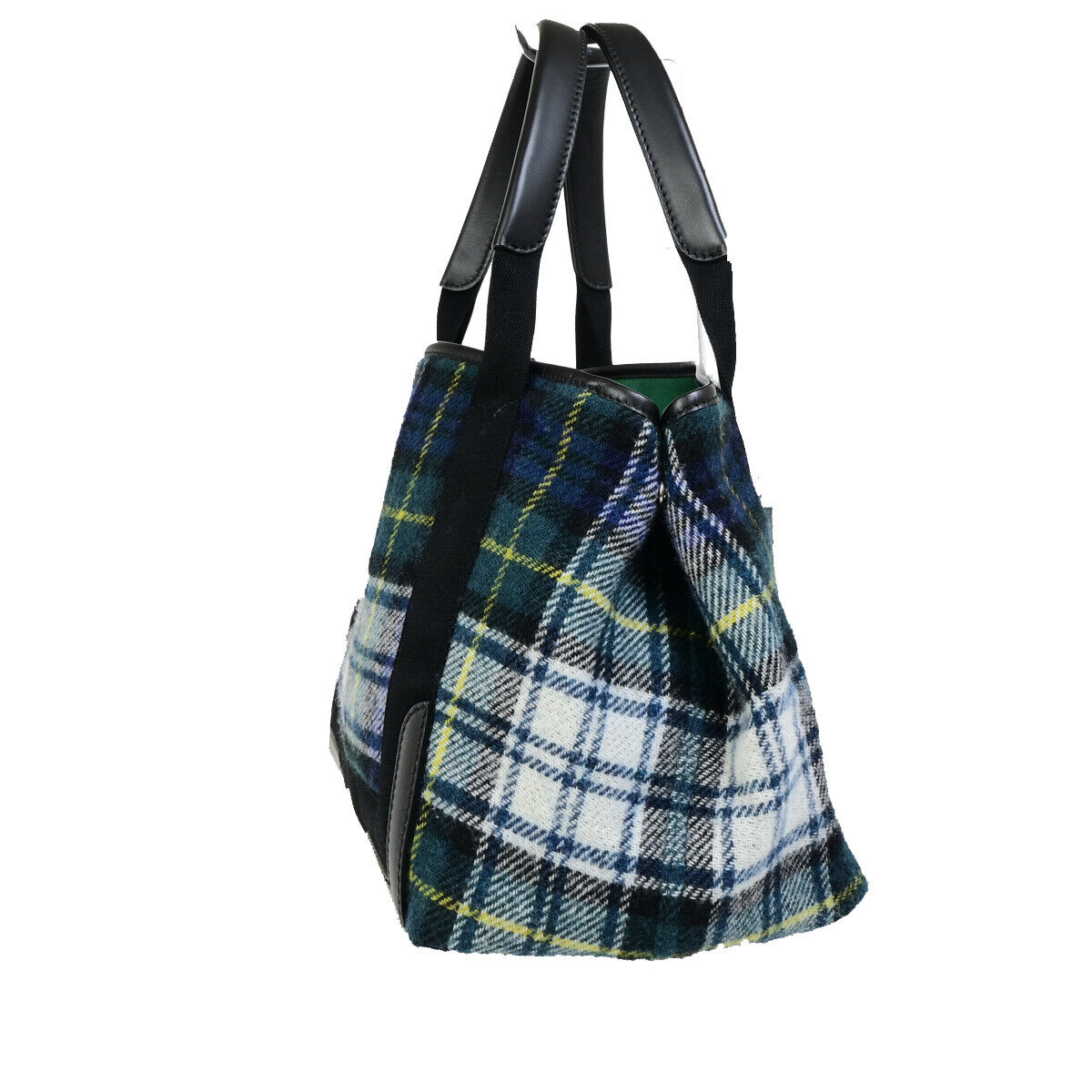 BALENCIAGA Navy Cabas S Hand Tote Bag Check Wool Leatehr Green Black 34RK296