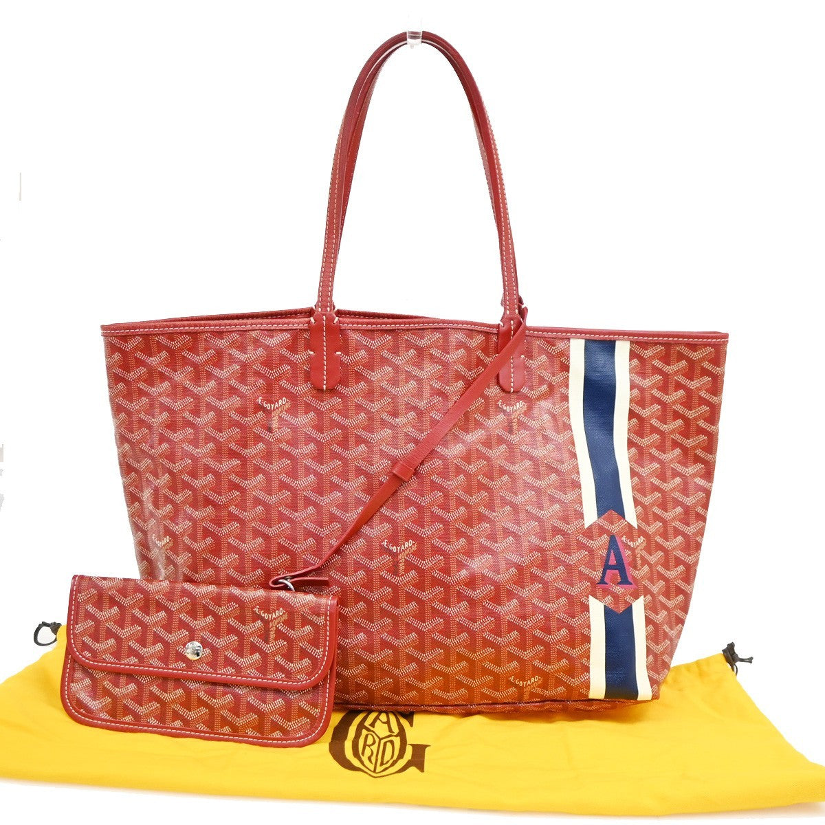 GOYARD Saint Louis PM stripe initial Tote Bag Pouch Red Canvas Leather 620RL919