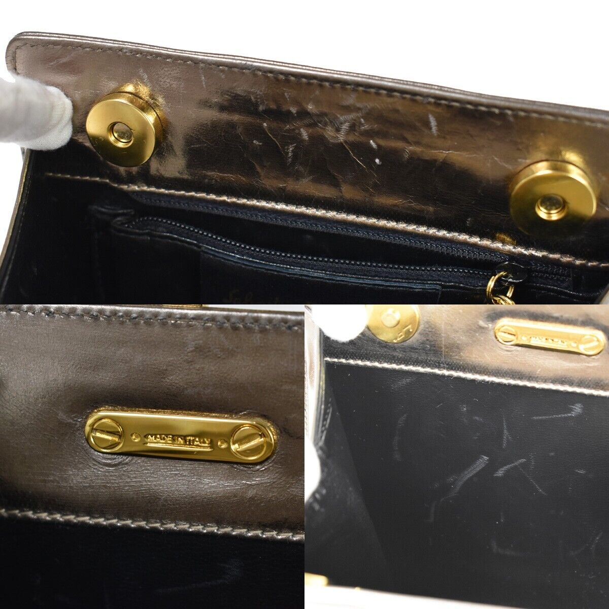 SALVATORE FERRAGAMO Gancini Metal Handle Clutch Hand Bag Leather Gold 62EA805