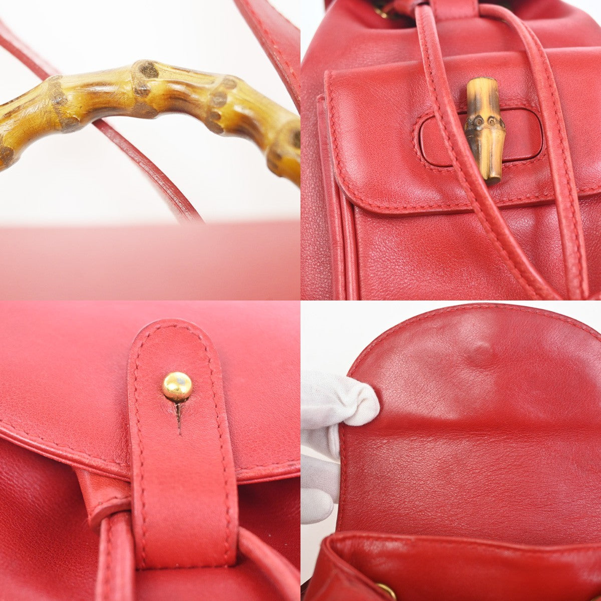 GUCCI Logo Bamboo Drawstring Mini Backpack Bag Leather Red GHW Italy 62ZA194