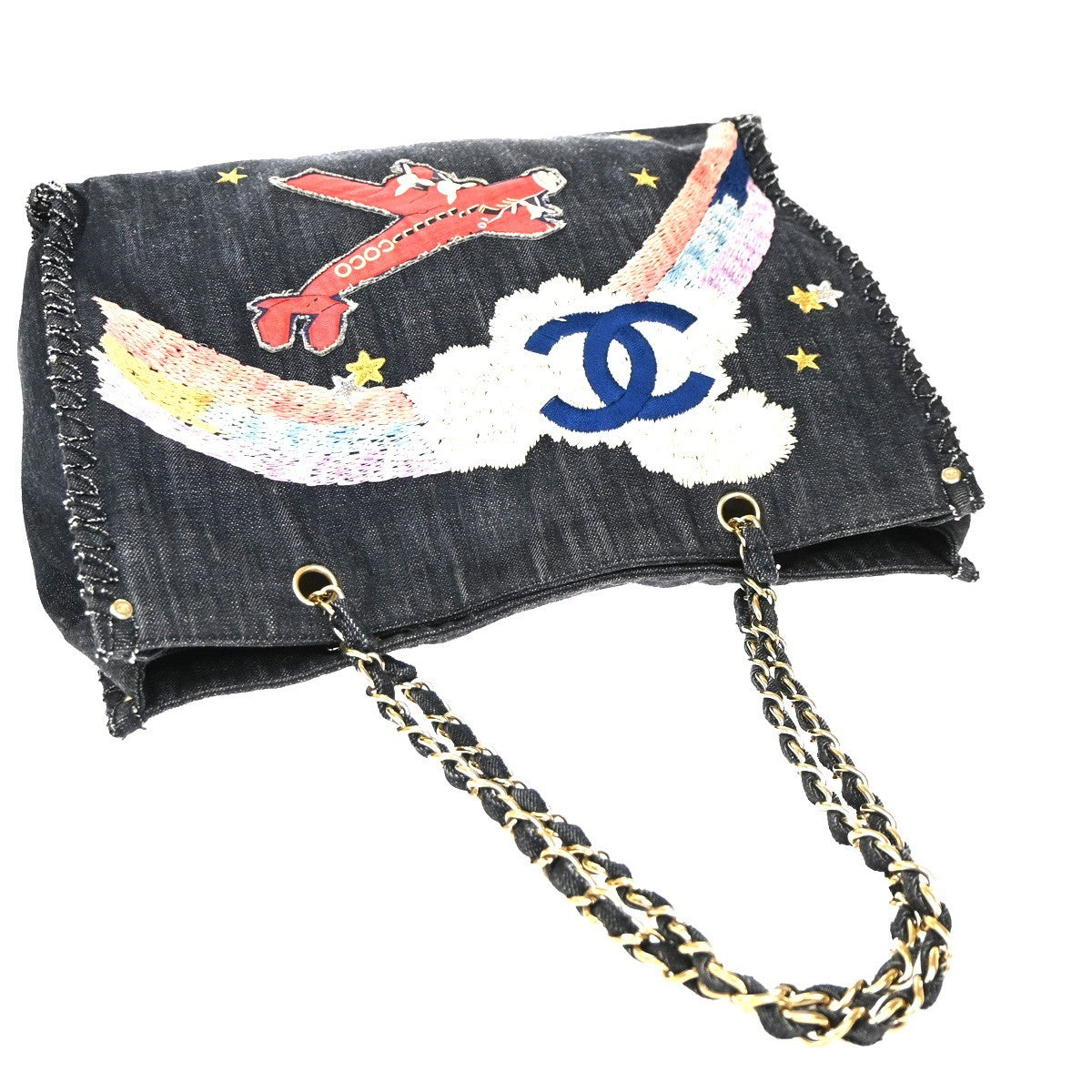 CHANEL CC Denim Night Flight Chain Shoulder Tote Bag Canvas Leather BE 110RP173