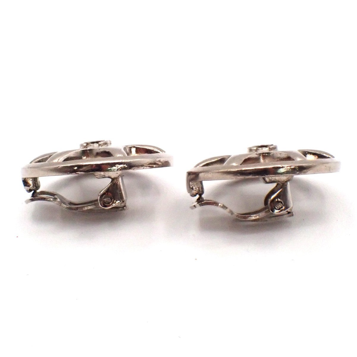 CHANEL Hexagram CC Logo Round Button Earrings 97A Clip-On Silver Vintage 31RL905