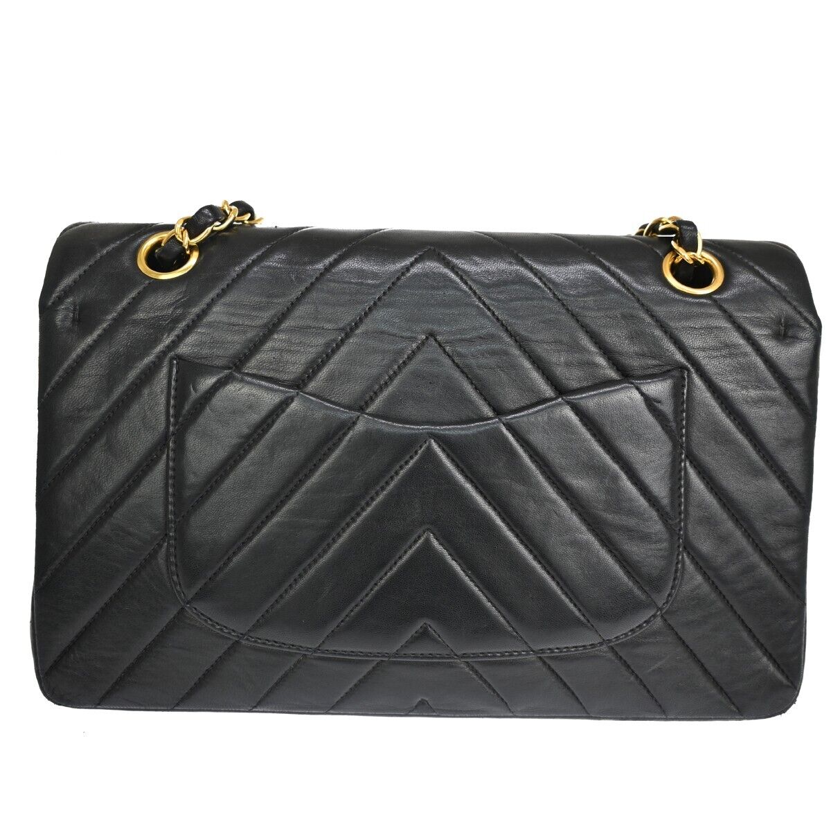 CHANEL CC Chevron Double Flap Chain Shoulder Bag Leather Black GHW VTG 153RJ052
