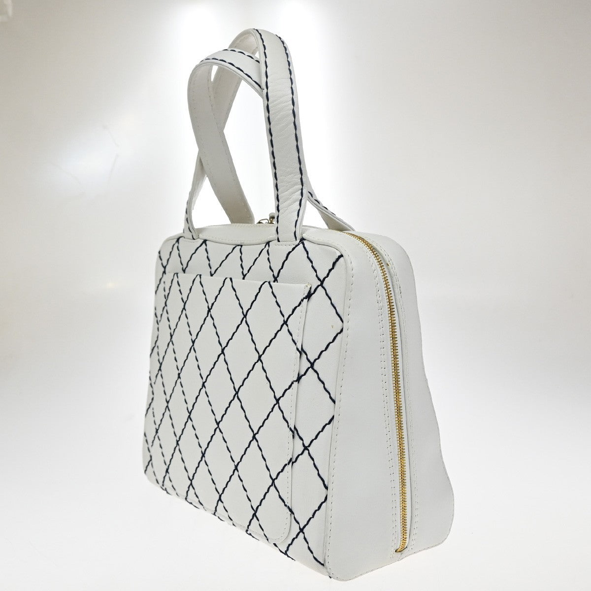 CHANEL CC Logo Wild Stitch Shoulder Hand Tote Bag Leather White Vintage 21RF687