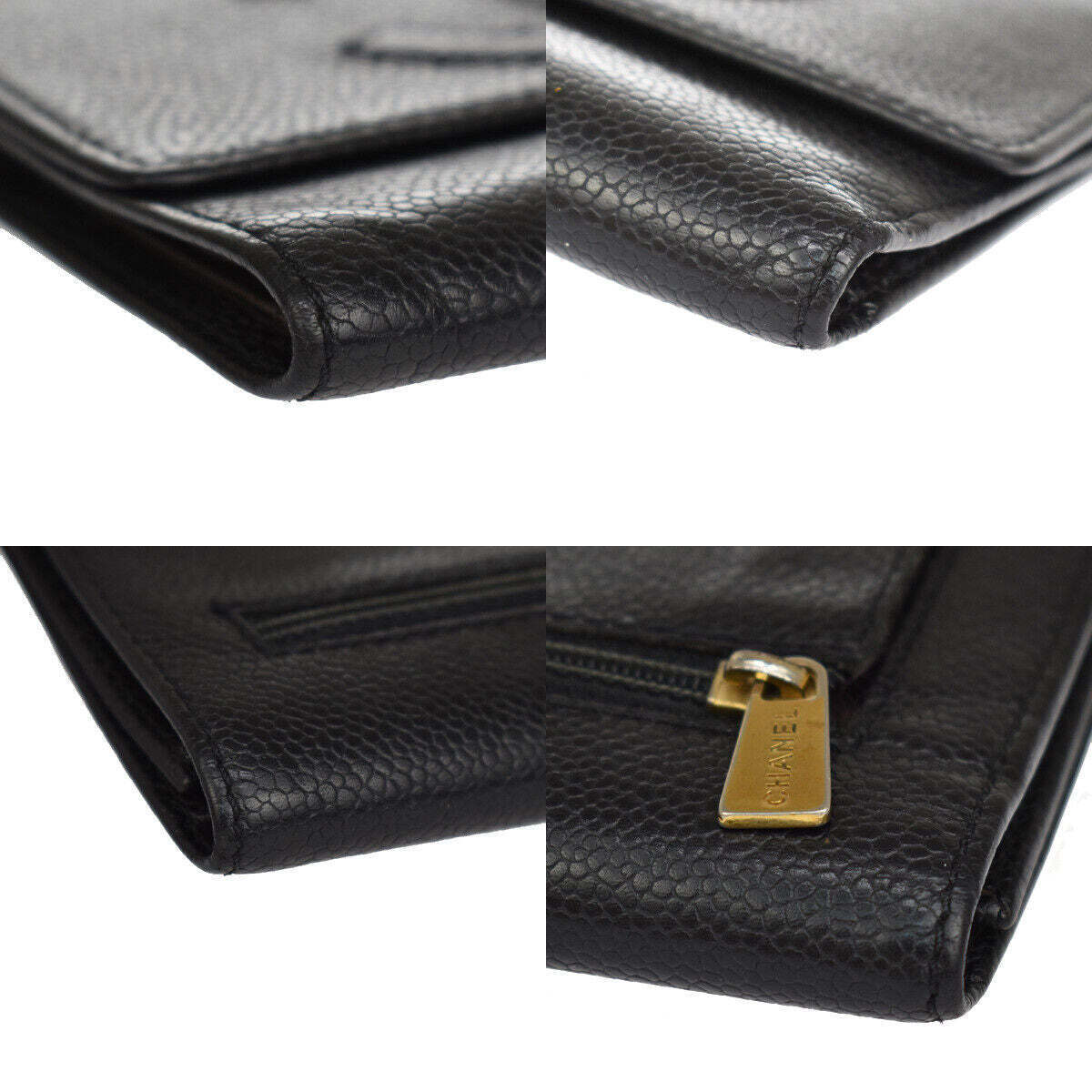 CHANEL CC Logo Trifold Wallet Purse Caviar Skin Leather Black Italy 30YB628