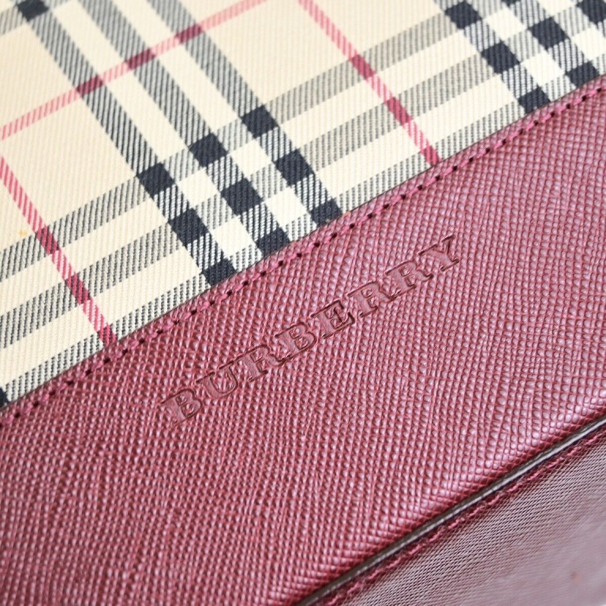 BURBERRY Logo Hand Bag Nova Check Canvas Leather Burgundy GHW 83RK727