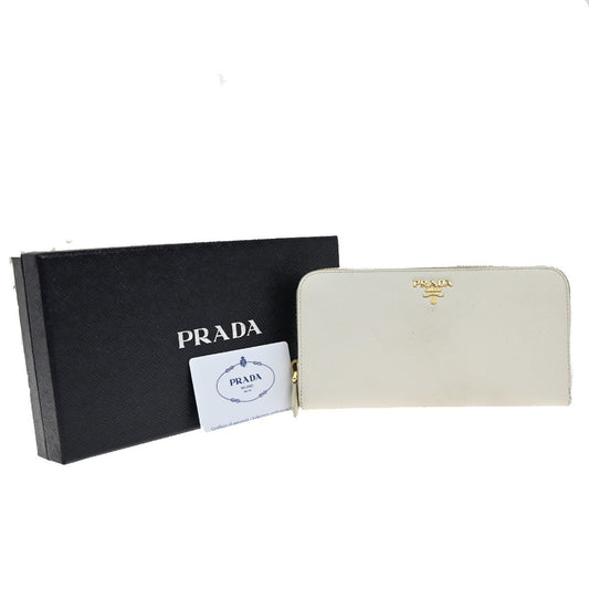 PRADA Logo Saffiano Long Zipper Around Wallet Leather White GHW Italy 63KB087