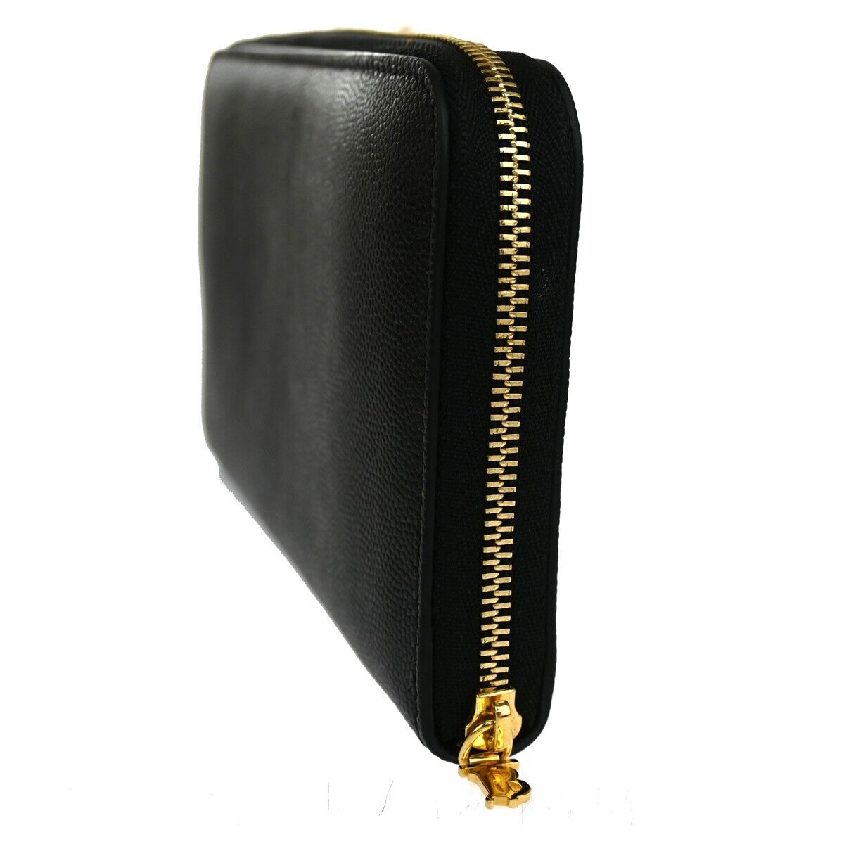 BURBERRY Logo  Zipper Long Wallet Purse Leather Black Gold Italy 31KA118