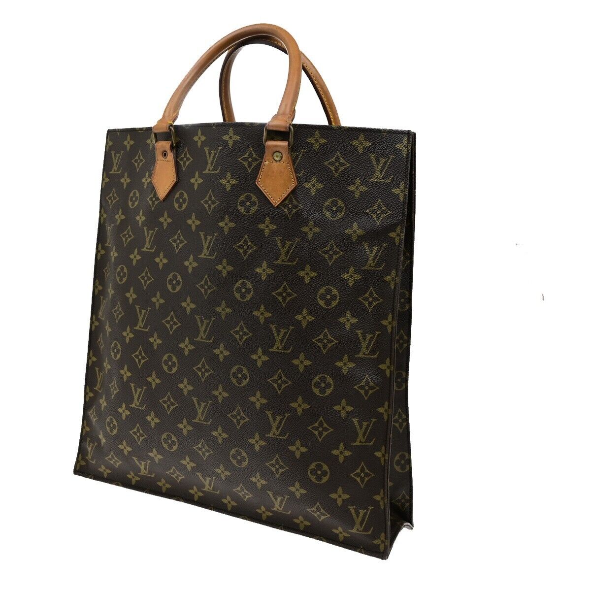 LOUIS VUITTON Logo Sac Plat Hand Tote Bag Monogram Leather Brown M51140 30EE026