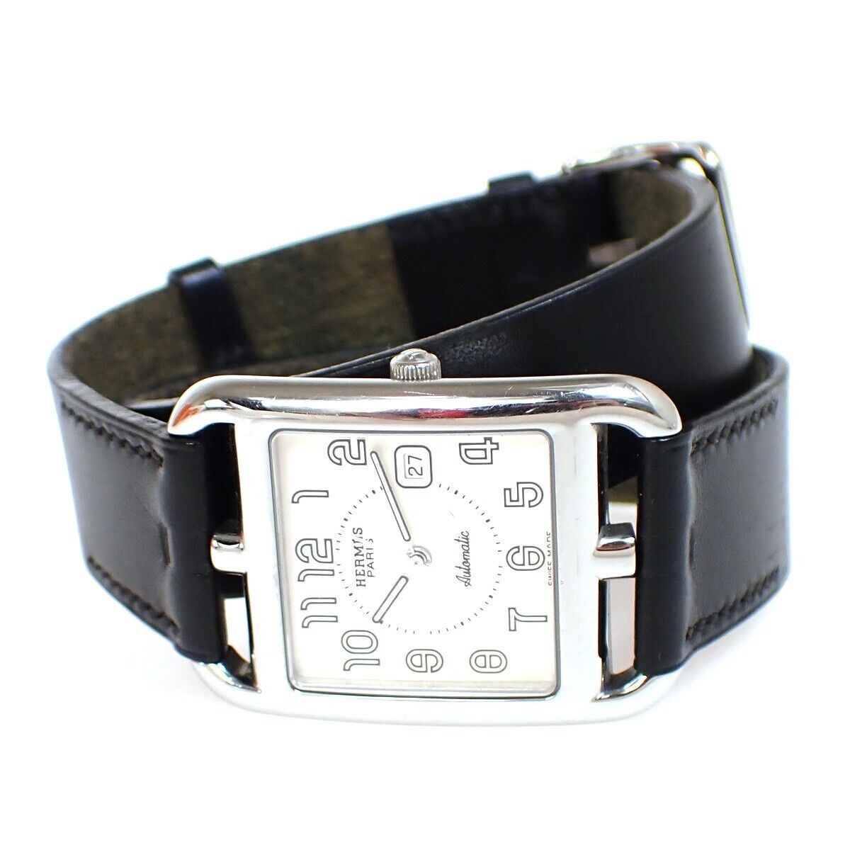 HERMES Logo Cape Cod Double Tour Wristwatch Leather ▢D Black Silver 660LC513