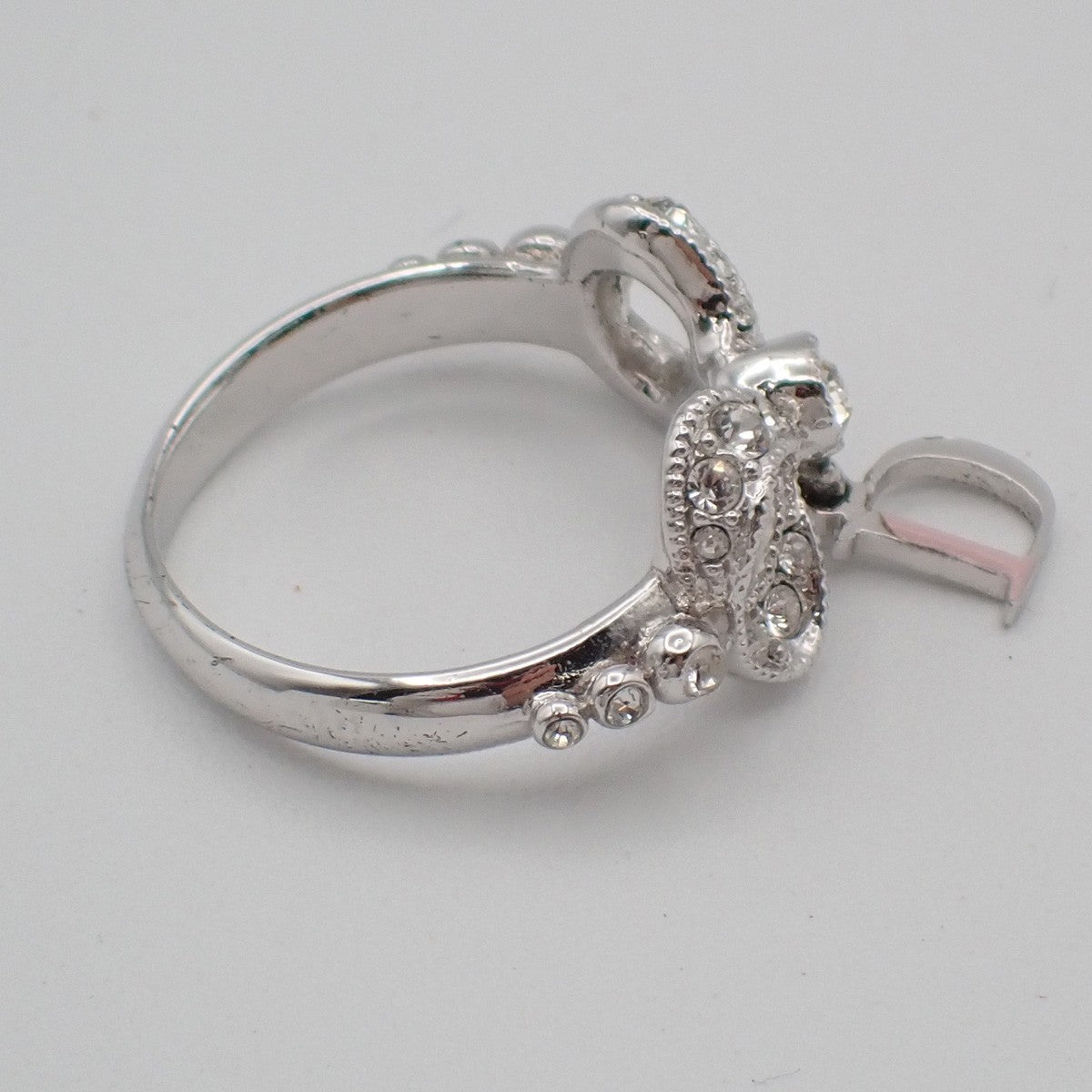Dior Logo Rhinestone Bow Ring Silver Plated Accessory 09EF811