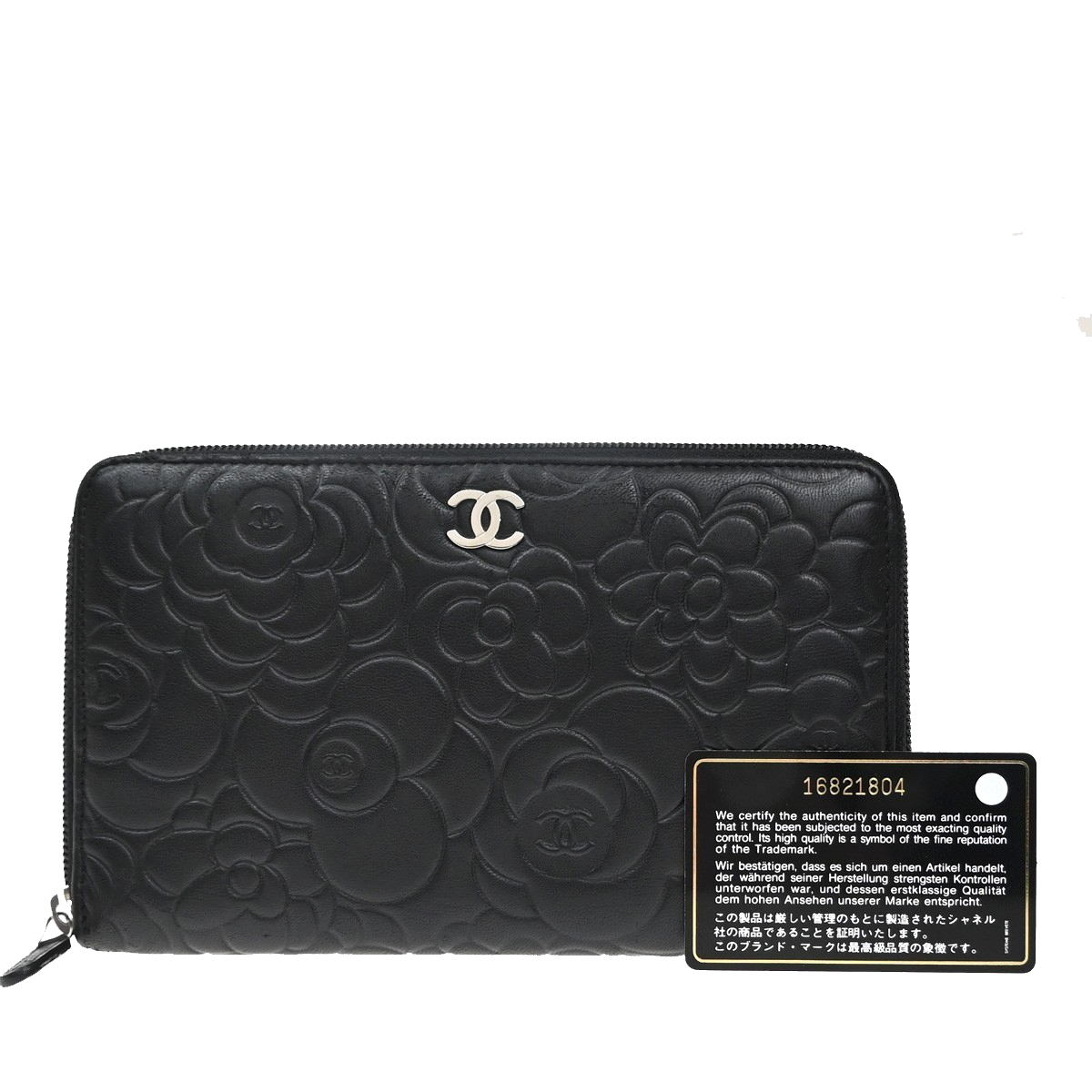CHANEL CC Logo Camellia Long Zip Around Wallet Purse Leather Black SHW 85RQ019