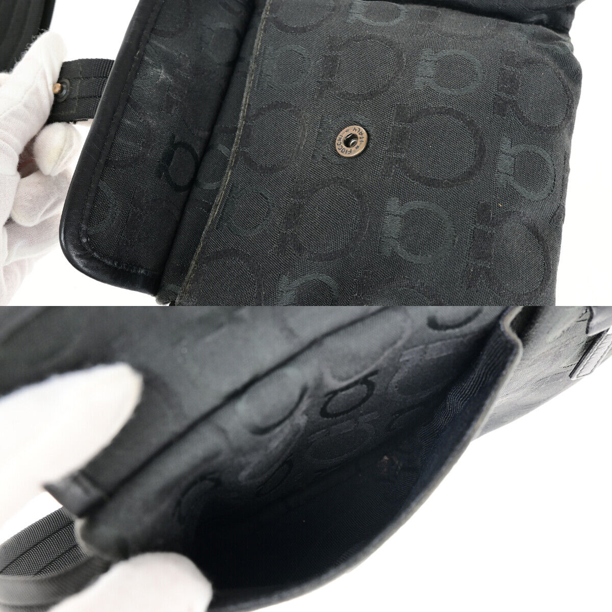 SALVATORE FERRAGAMO Logo Gancini Bum Bag Canvas Leather Black SHW Italy 05YE727