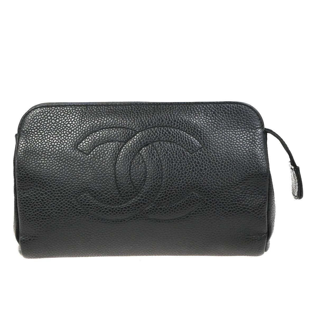 CHANEL CC Logo Cosmetic Pouch Grained Calfskin Leather Black GHW Italy 38RL979