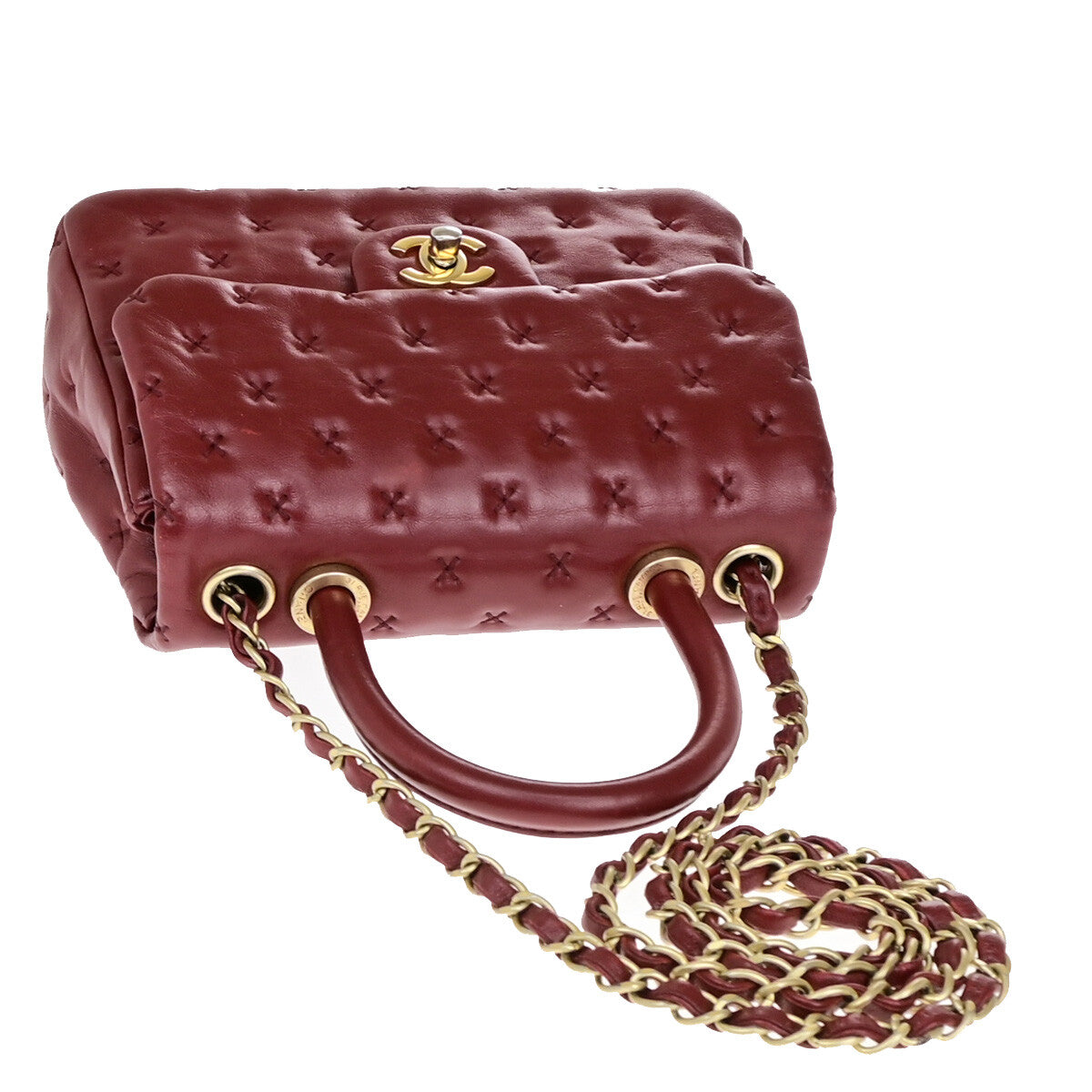 CHANEL CC Cross Stitch 2Way Chain Shoulder Hand Bag Leather Red GHW 805RJ983