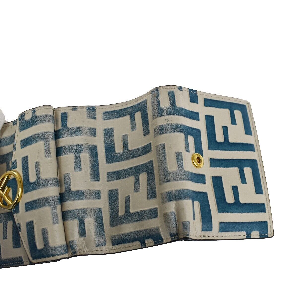 FENDI Zucca Pattern Mini Trifold Wallet Purse Leather Blue White Italy 61YD091