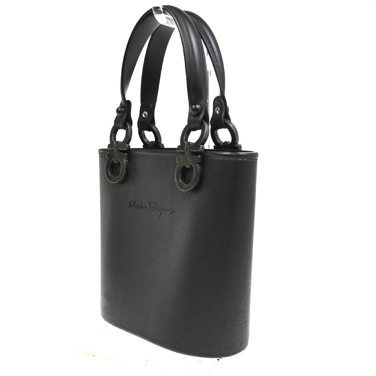 SALVATORE FERRAGAMO Gancini Mini Hand Bag Rubber Leather Black SHW 76TA619