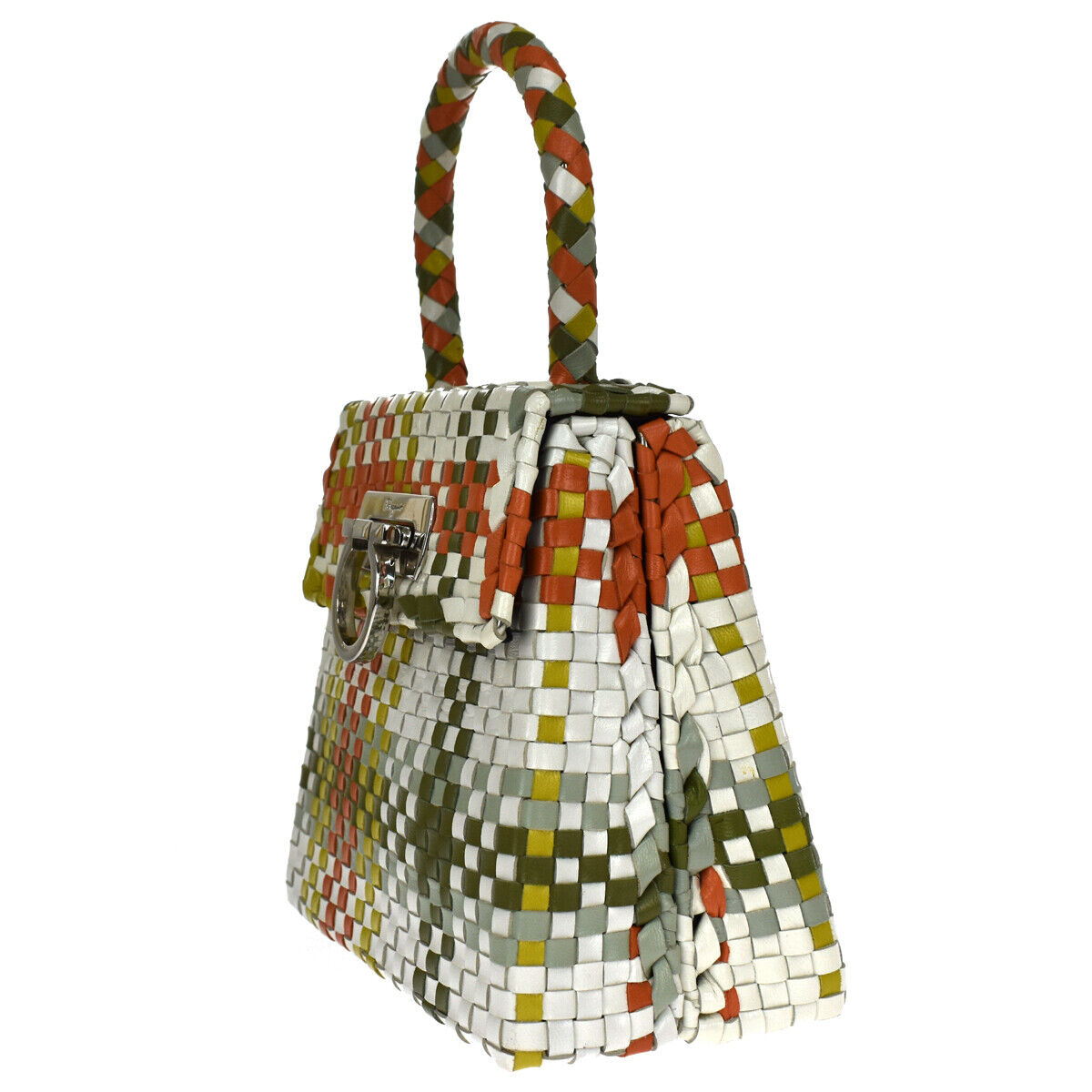 SALVATORE FERRAGAMO GANCINI HAND BAG LEATHER WHITE GREEN ORANGE ITALY 52LB626