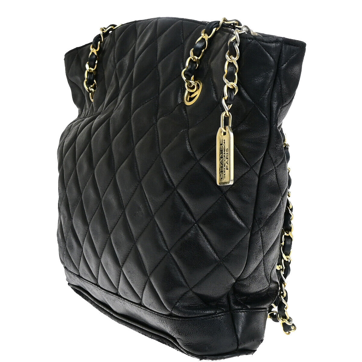 CHANEL CC Logo Matelasse Chain Shoulder Tote Bag Leather Black GHW 10YF901