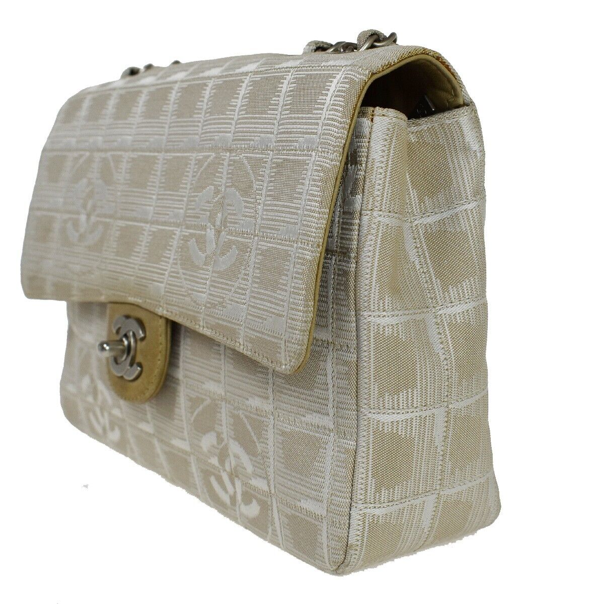 CHANEL CC New Travel Line Chain Shoulder Bag Jacquard Leather Beige 683RH753