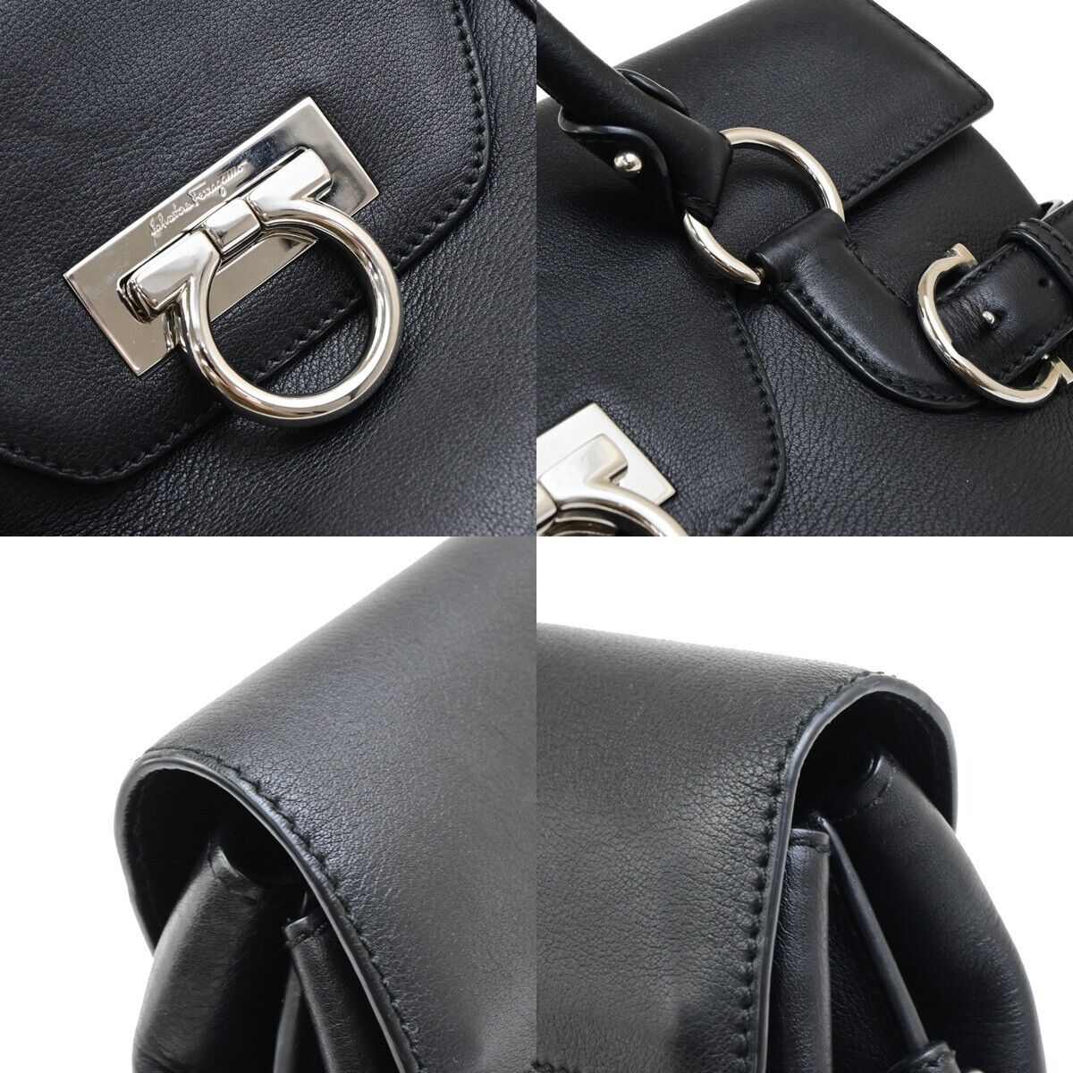 SALVATORE FERRAGAMO Logo Gancini Shoulder Bag Leather Black SHW Italy 31KA536