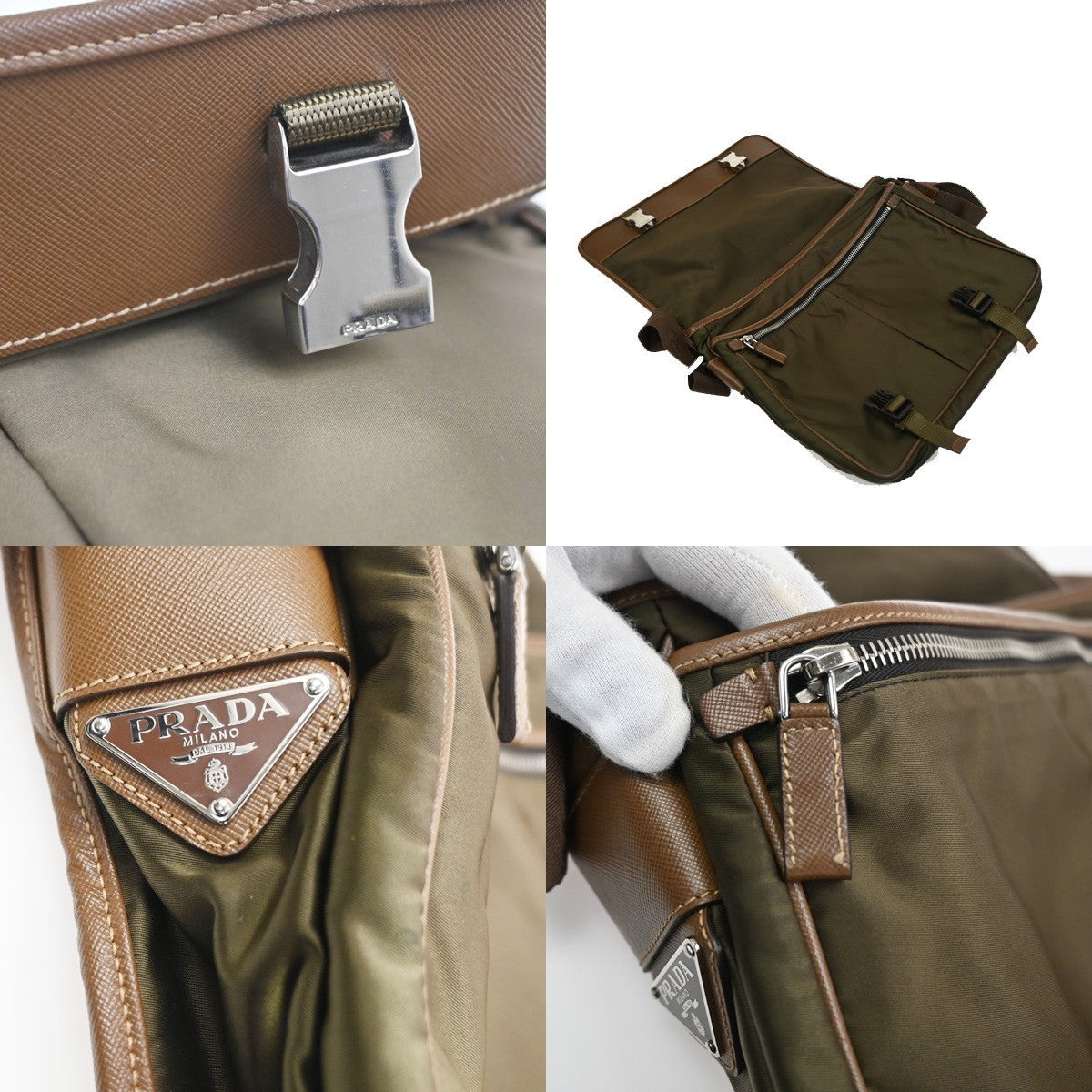 PRADA MILANO Tessuto Messenger Shoulder Bag Nylon Leather Italy Khaki 32CA854